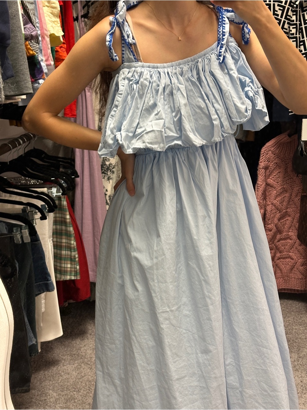 Light Blue Ruffled Tie-Shoulder Bump Friendly Dress